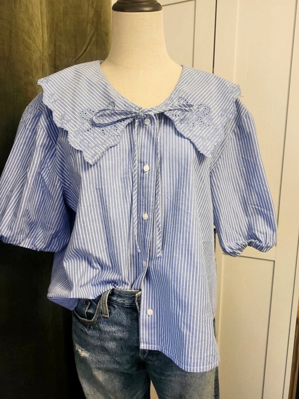 Zara Striped Ruffle Blouse in Blue & White Size Medium